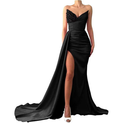 Strapless Mermaid  Bridesmaid Dresses Long Satin Sequin Prom Gowns with Slit