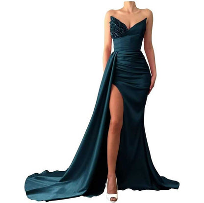 Strapless Mermaid  Bridesmaid Dresses Long Satin Sequin Prom Gowns with Slit