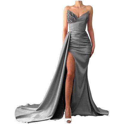 Strapless Mermaid  Bridesmaid Dresses Long Satin Sequin Prom Gowns with Slit