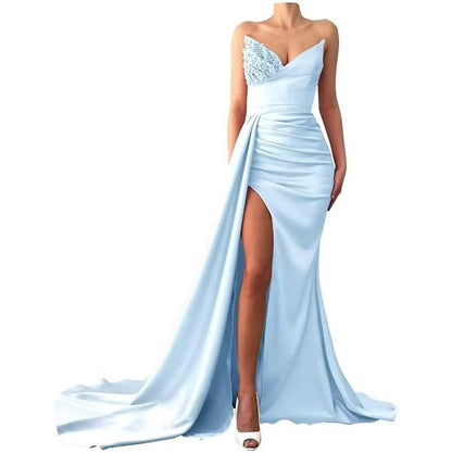Strapless Mermaid  Bridesmaid Dresses Long Satin Sequin Prom Gowns with Slit
