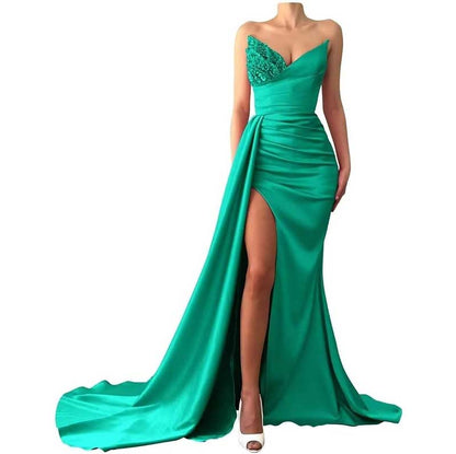 Strapless Mermaid  Bridesmaid Dresses Long Satin Sequin Prom Gowns with Slit