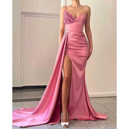 Strapless Mermaid  Bridesmaid Dresses Long Satin Sequin Prom Gowns with Slit