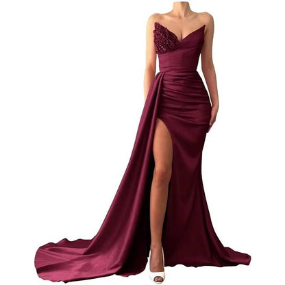 Strapless Mermaid  Bridesmaid Dresses Long Satin Sequin Prom Gowns with Slit