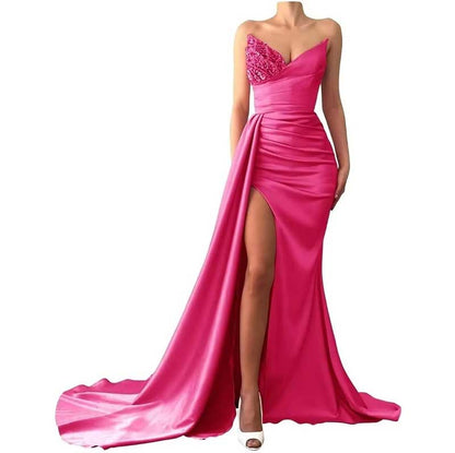 Strapless Mermaid  Bridesmaid Dresses Long Satin Sequin Prom Gowns with Slit