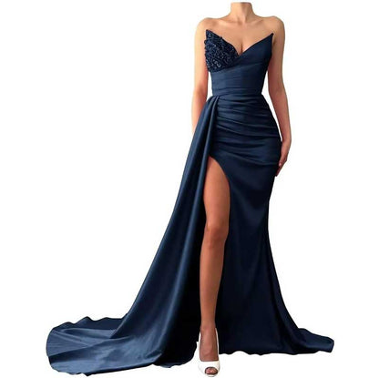 Strapless Mermaid  Bridesmaid Dresses Long Satin Sequin Prom Gowns with Slit