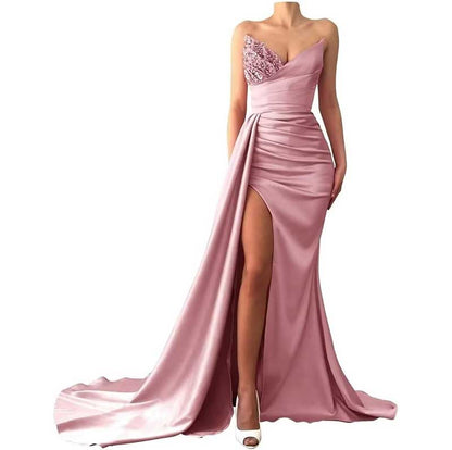 Strapless Mermaid  Bridesmaid Dresses Long Satin Sequin Prom Gowns with Slit