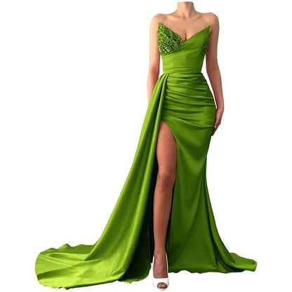 Strapless Mermaid  Bridesmaid Dresses Long Satin Sequin Prom Gowns with Slit