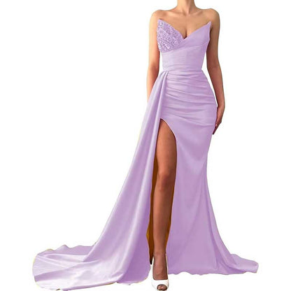 Strapless Mermaid  Bridesmaid Dresses Long Satin Sequin Prom Gowns with Slit