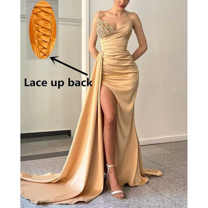 Strapless Mermaid  Bridesmaid Dresses Long Satin Sequin Prom Gowns with Slit