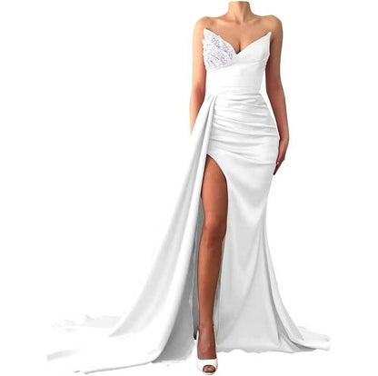 Strapless Mermaid  Bridesmaid Dresses Long Satin Sequin Prom Gowns with Slit