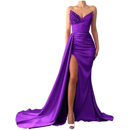 Strapless Mermaid  Bridesmaid Dresses Long Satin Sequin Prom Gowns with Slit
