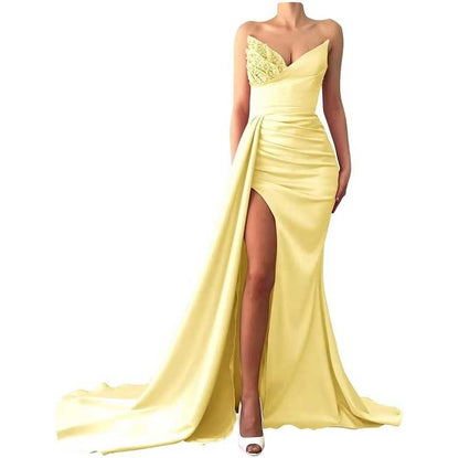 Strapless Mermaid  Bridesmaid Dresses Long Satin Sequin Prom Gowns with Slit