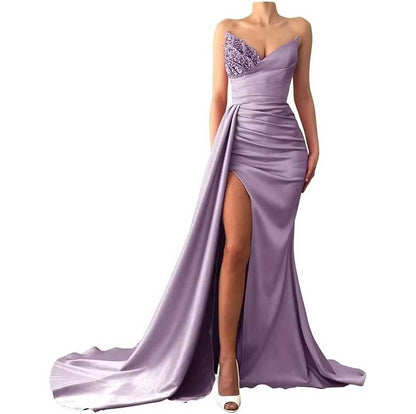 Strapless Mermaid  Bridesmaid Dresses Long Satin Sequin Prom Gowns with Slit