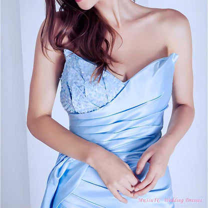 Strapless Mermaid  Bridesmaid Dresses Long Satin Sequin Prom Gowns with Slit