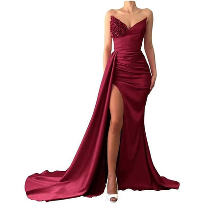 Strapless Mermaid  Bridesmaid Dresses Long Satin Sequin Prom Gowns with Slit