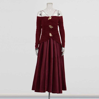 Strapless Off-Shoulder A-Line long-sleeved Dress Pin-tucked Maxi Dress