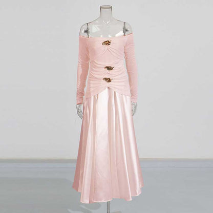 Strapless Off-Shoulder A-Line long-sleeved Dress Pin-tucked Maxi Dress