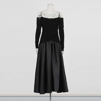 Strapless Off-Shoulder A-Line long-sleeved Dress Pin-tucked Maxi Dress