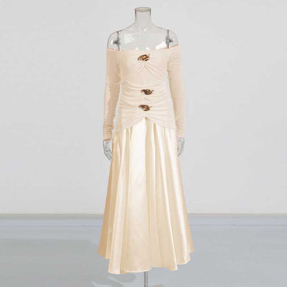 Strapless Off-Shoulder A-Line long-sleeved Dress Pin-tucked Maxi Dress