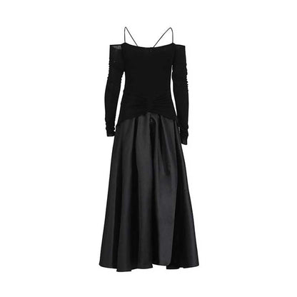 Strapless Off-Shoulder A-Line long-sleeved Dress Pin-tucked Maxi Dress