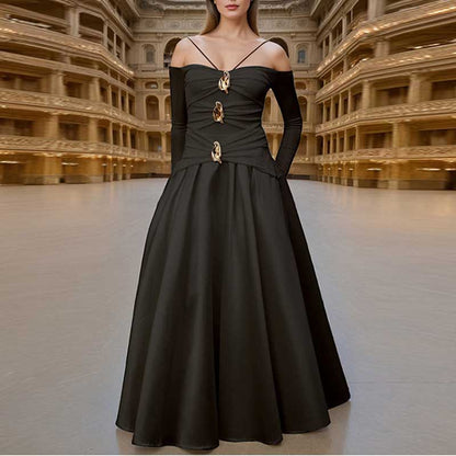 Strapless Off-Shoulder A-Line long-sleeved Dress Pin-tucked Maxi Dress