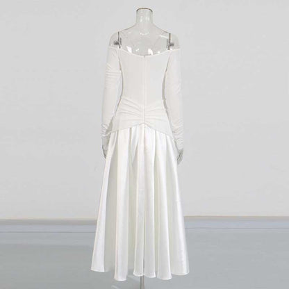 Strapless Off-Shoulder A-Line long-sleeved Dress Pin-tucked Maxi Dress