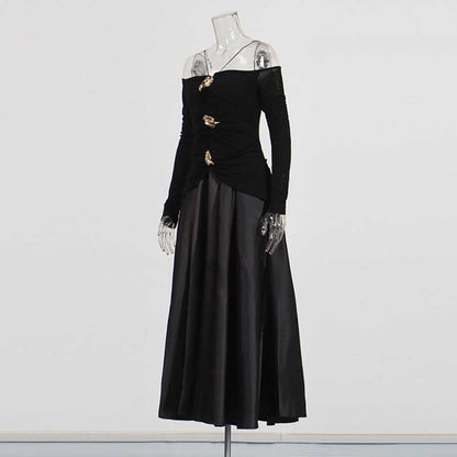 Strapless Off-Shoulder A-Line long-sleeved Dress Pin-tucked Maxi Dress