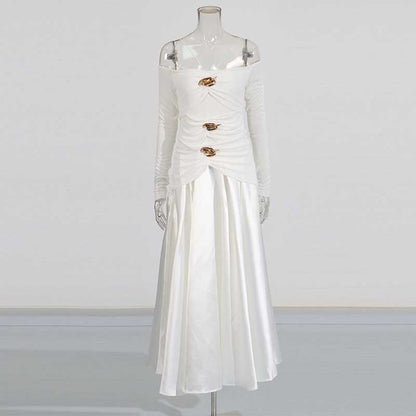 Strapless Off-Shoulder A-Line long-sleeved Dress Pin-tucked Maxi Dress