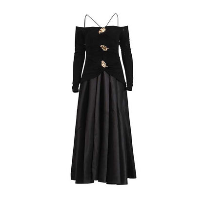 Strapless Off-Shoulder A-Line long-sleeved Dress Pin-tucked Maxi Dress