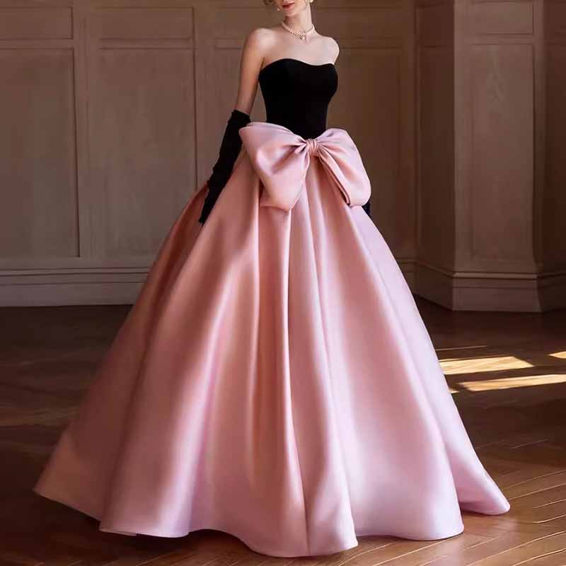 Strapless Party Dress wit Bow A-Line Velvet Satin Long Prom Dress