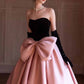 Strapless Party Dress wit Bow A-Line Velvet Satin Long Prom Dress