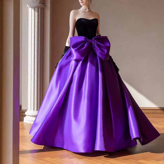 Strapless Party Dress wit Bow A-Line Velvet Satin Long Prom Dress