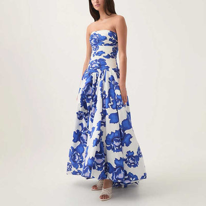 Strapless Ruched Floral-print Maxi Dress