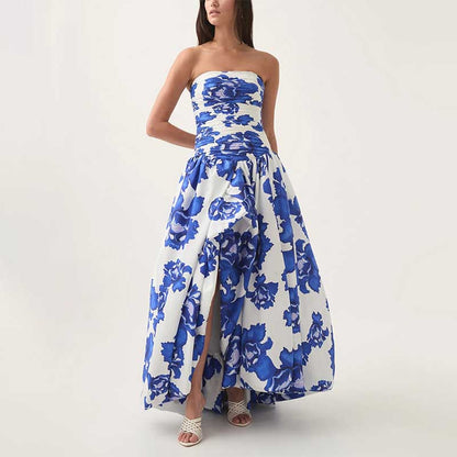 Strapless Ruched Floral-print Maxi Dress