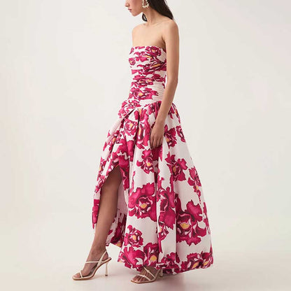 Strapless Ruched Floral-print Maxi Dress