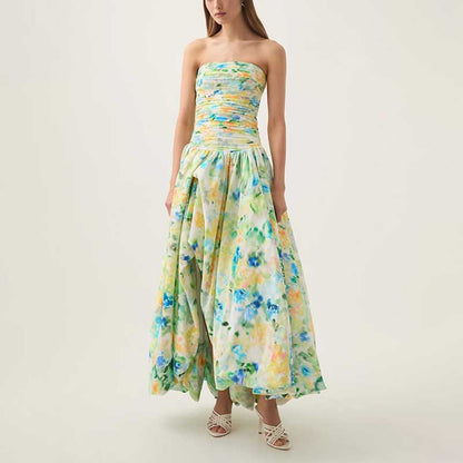 Strapless Ruched Floral-print Maxi Dress