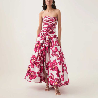Strapless Ruched Floral-print Maxi Dress