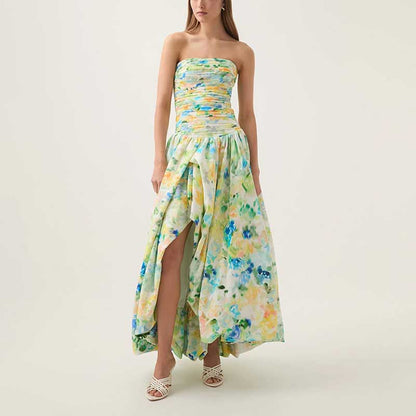 Strapless Ruched Floral-print Maxi Dress