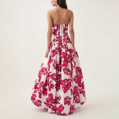 Strapless Ruched Floral-print Maxi Dress