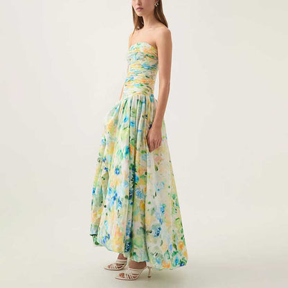 Strapless Ruched Floral-print Maxi Dress