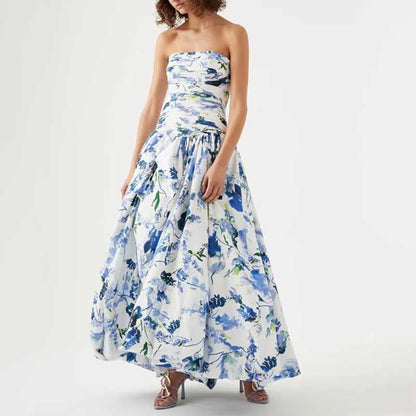 Strapless Ruched Floral-print Maxi Dress
