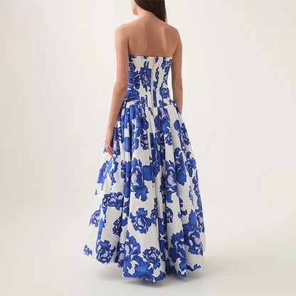 Strapless Ruched Floral-print Maxi Dress
