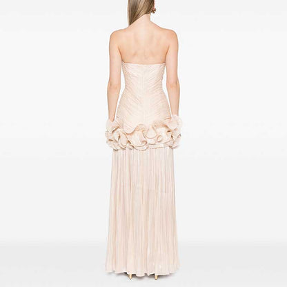 Strapless Ruched Ruffle Maxi Dress
