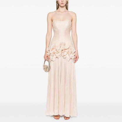 Strapless Ruched Ruffle Maxi Dress