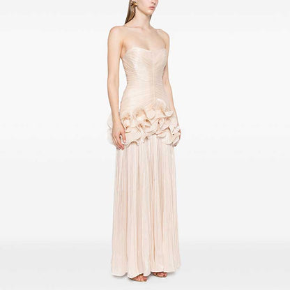 Strapless Ruched Ruffle Maxi Dress