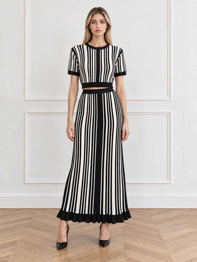 Striped Knit Two Piece Set Viscose Crop Top & Maxi Skirt Suit