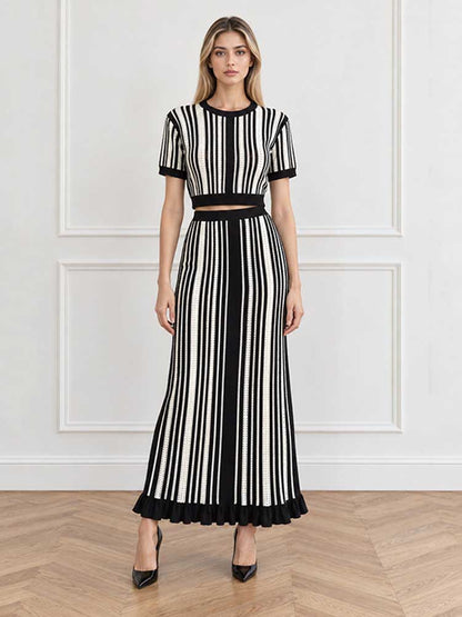Striped Knit Two Piece Set Viscose Crop Top & Maxi Skirt Suit