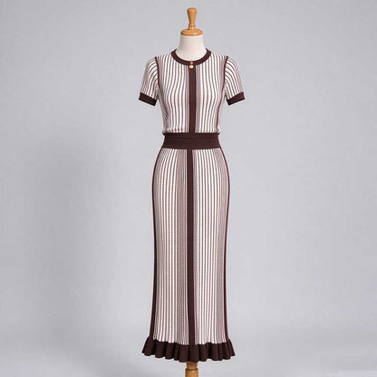 Striped Knit Two Piece Set Viscose Crop Top & Maxi Skirt Suit