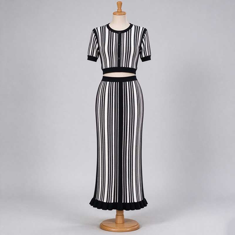 Striped Knit Two Piece Set Viscose Crop Top & Maxi Skirt Suit