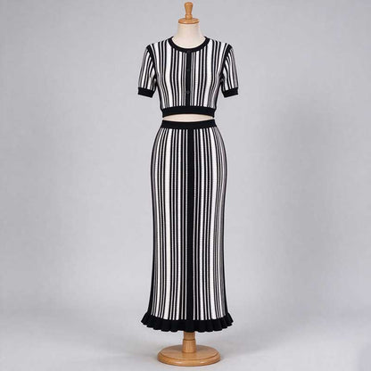 Striped Knit Two Piece Set Viscose Crop Top & Maxi Skirt Suit